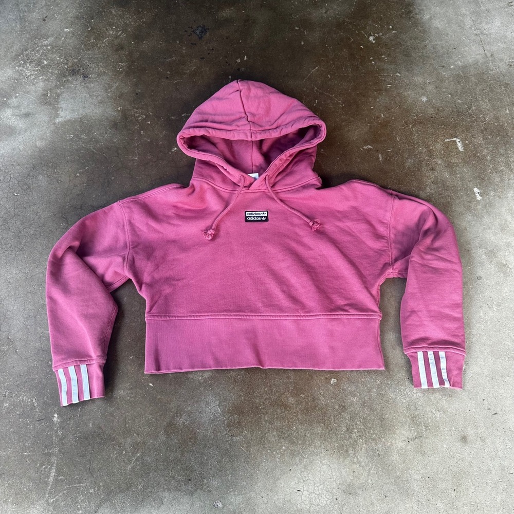 Adidas Cropped Hoodie Womens XS Pink Excellent Stacked Logo 3-Stripe Sweatshirt